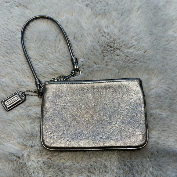 Coach Jewel Leather Silver Wristlet Bag - Picture 1 of 8
